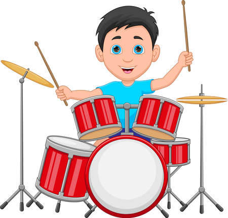 Cartoon boy playing a drums on white backgroundのイラスト素材
