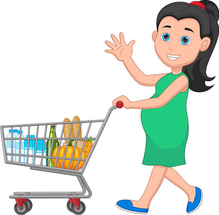 pregnant young mother carrying groceries in shopping trolleyのイラスト素材