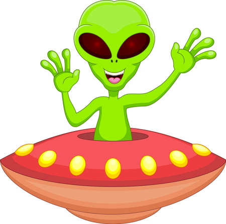 cartoon UFO with alien wavingのイラスト素材