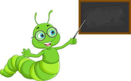 Cartoon cute caterpillar teacher wearing glasses and holding pointerのイラスト素材