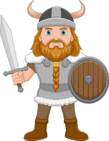 Cartoon boy in Viking costume holding swordのイラスト素材