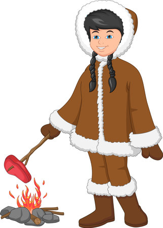 Cartoon cute Eskimo girl grilling meat on fireのイラスト素材