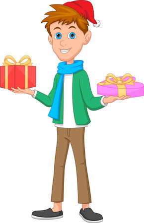 cartoon happy boy holding a giftのイラスト素材