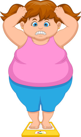 Fat girl weighing scale weightのイラスト素材