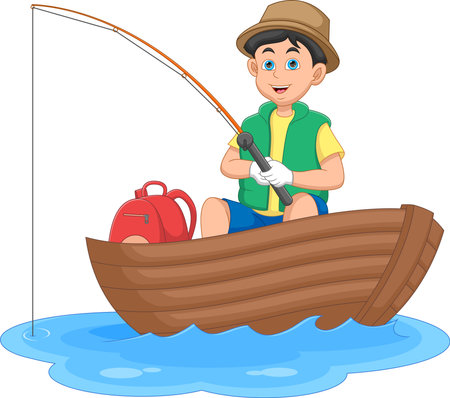 boy fishing on a wooden boatのイラスト素材