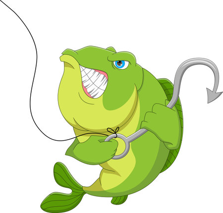 cartoon angry fish with fishing hookのイラスト素材