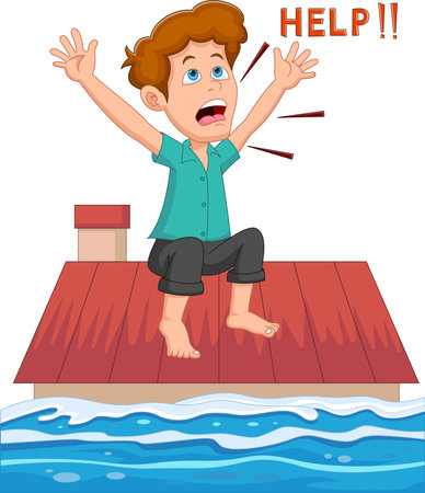 flood disaster. the boy screamed for helpのイラスト素材