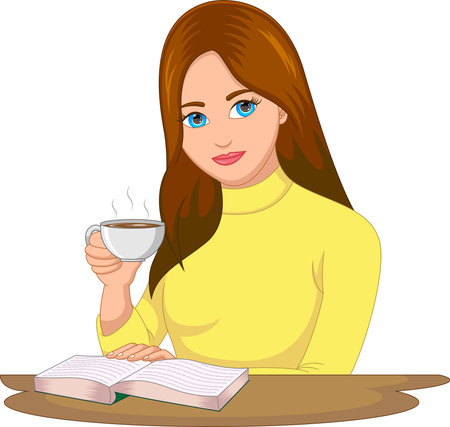 beautiful girl reading a book and holding a drinkのイラスト素材