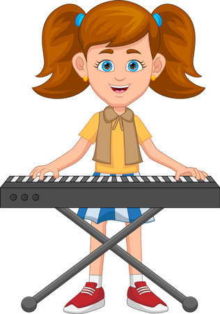 pretty little girl playing electric piano cartoonのイラスト素材