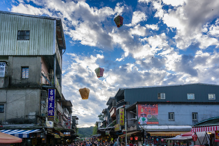 Lanterns flying into the sky from Shifen Old Street, Taiwanのeditorial素材