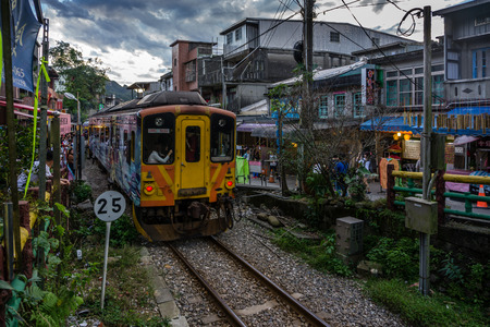 Train passing by the station in Shifen Old Street, Taiwanのeditorial素材
