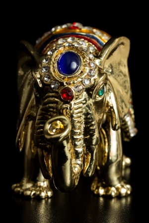Golden elephant jewelry box over black backgroundの写真素材