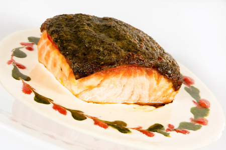 Oven baked salmon fillet with crispy crustの写真素材