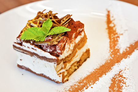 Tiramisu with grated chocolate and mint twig
