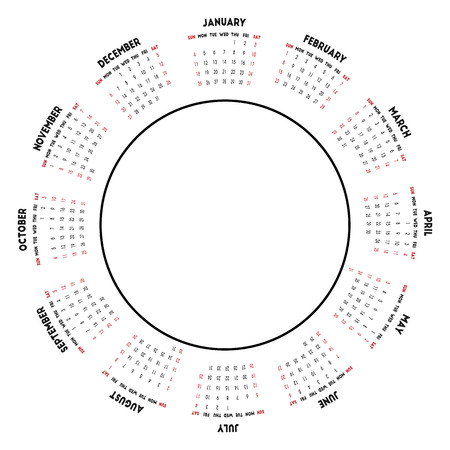 Round calendar 2015 isolated on white background. Week starts on Sundayのイラスト素材