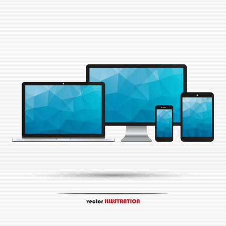 Set of modern laptop, computer monitor, digital tablet and smartphone with abstract polygonal blue background for your designのイラスト素材