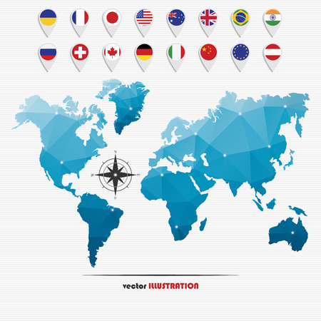 Vector illustration of world map with markers and circle national flags for your designのイラスト素材