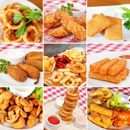 Deep-fried snacks collage including deep-fried squid rings, chicken breasts, mozzarella cheese sticks, champignon mushrooms and jalapeno chili peppersの写真素材