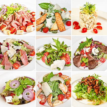 Various salads collage including mix salads, salad with roast beef, caesar salads, vegetable salad with feta cheese and olivier saladの写真素材