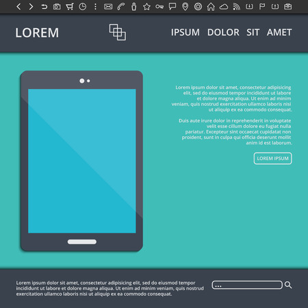 Vector illustration of flat style web design template with website elements, buttons, different line icons and tablet pc with blank screenのイラスト素材