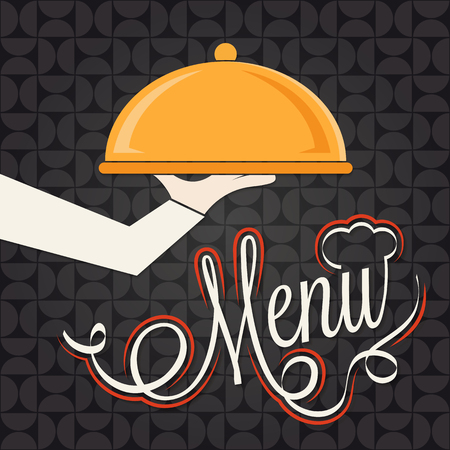 Vector illustration of chief cook's hand with delicious dish and menu lettering for your menu designのイラスト素材