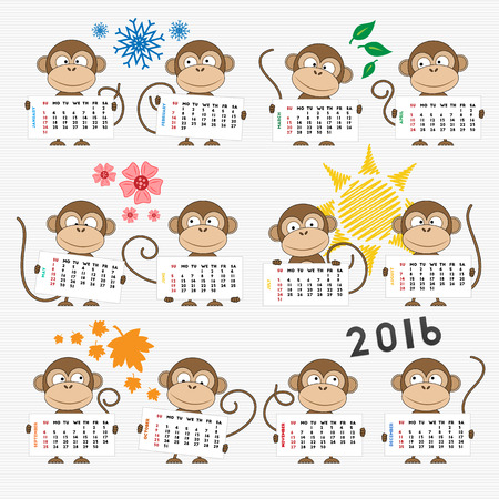 Calendar 2016 with cute monkeys for your design. Week starts on Sundayのイラスト素材