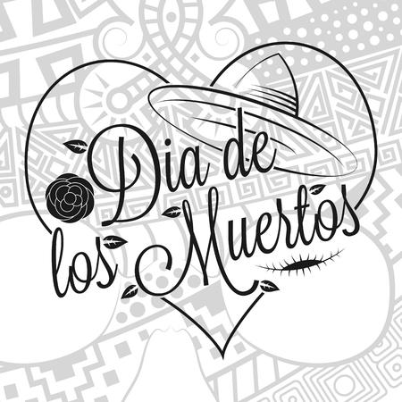 Dia de los muertos lettering with zentangle style human skull background for the Day of the deadのイラスト素材