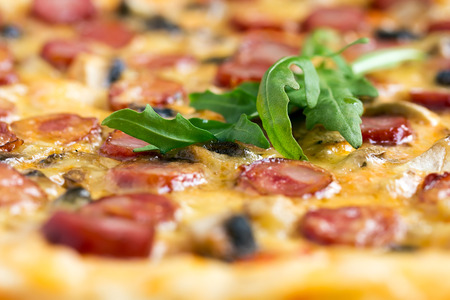 Close-up of homemade Pizza with hunter sausages, mushrooms and arugulaの写真素材