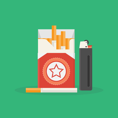 Vector illustration of opened pack of cigarettes and lighter. Smoke problem. Nicotine addiction. Unhealthy lifestyle concept. Cigarette pack and lighter flat icon for your designのイラスト素材