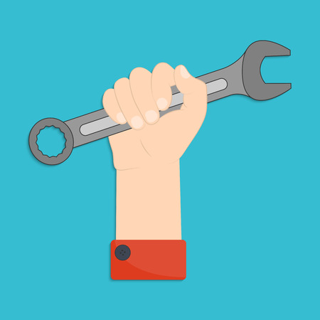 Vector illustration of hand with wrench. Man's hand with wrench in flat style for your designのイラスト素材