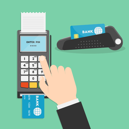 Vector illustration of hand and payment terminal. Point of sale terminal. Credit card terminal. POS terminal or a PDQ terminal in flat style. Businessman's hand entering pin code for your designのイラスト素材
