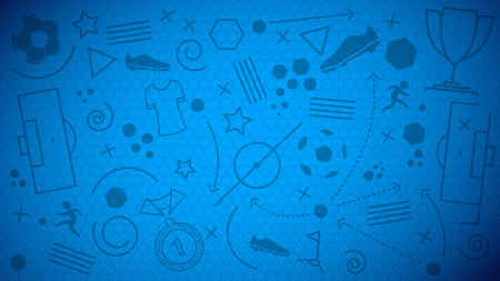 Football championship background. Vector illustration of abstract blue soccer background with different icons and seamless football net pattern for your designのイラスト素材