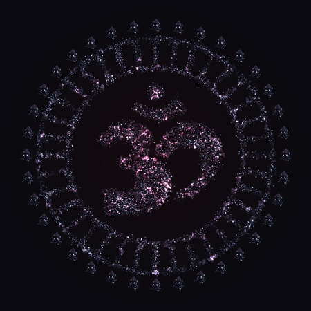 Aum or Om symbol made of polygonal elements, glowing dots and particles for your design