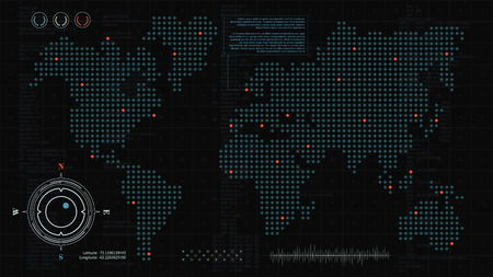 Head up display. Futuristic background with computer code, HUD user interface elements and dotted world map for your designのイラスト素材