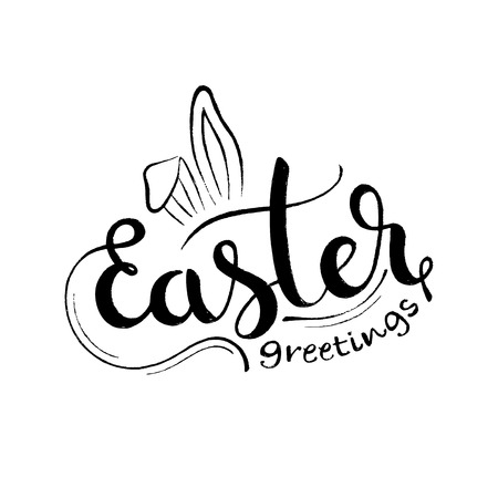 Easter greetings handwritten lettering. Modern vector hand drawn calligraphy with rabbit ears isolated on white background for your poster, postcard or greeting card designのイラスト素材