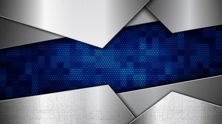 Construction background. Vector illustration of abstract stainless steel metal panel with grunge overlay metallic texture and hexagonal grid pattern over blue light pixel background for your designのイラスト素材