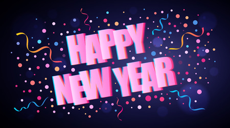 Happy New Year overlapping lettering with colorful round confetti over dark violet background for your graphic and web designのイラスト素材