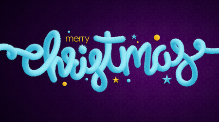 Merry Christmas light blue tinsel lettering and holiday decorations over dark violet background with snowflake pattern for your poster, banner, postcard, invitation or greeting card designのイラスト素材