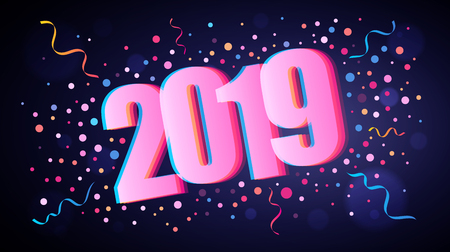 Happy New Year 2019 overlapping numbers with colorful round confetti over dark violet background for your graphic and web designのイラスト素材