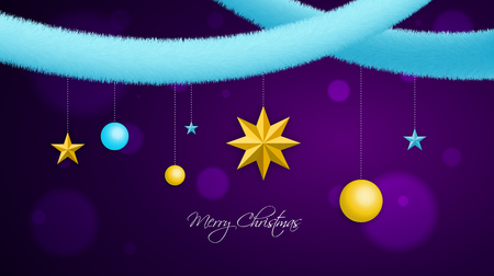 Merry Christmas holiday decorations. Light blue abstract tinsel garlands, stars and christmas balls over dark violet background for your poster, banner, postcard, invitation or greeting card designのイラスト素材