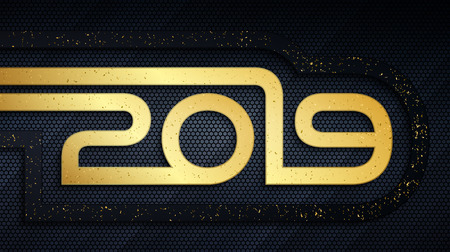 Happy New Year 2019 holiday metal banner. Abstract black and gold brushed metallic numbers with grunge golden dust overlay texture and hexagonal grid pattern over dark background for your designのイラスト素材