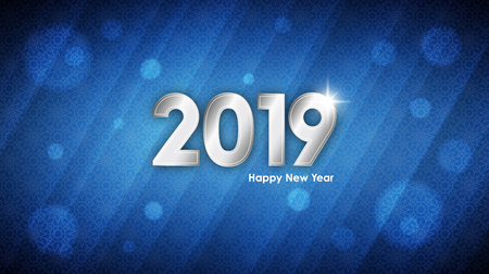 Happy New Year 2019 abstract template. Vector illustration of silver text with holiday snowflakes pattern over light blue background for your poster, banner, invitation or greeting card designのイラスト素材