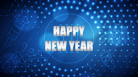 Happy New Year abstract background. Vector illustration of blue light holiday background with different icons and glowing dots round pattern for your graphic and web designのイラスト素材