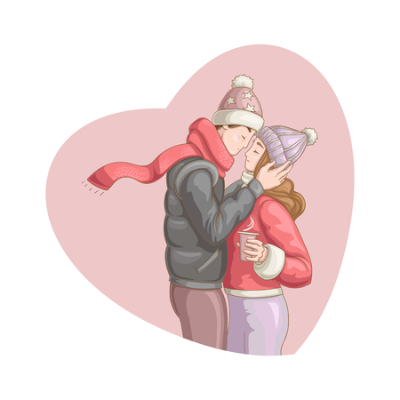 Happy Valentine's Day. Vector illustration of cartoon style beautiful loving couple kissing for your designのイラスト素材