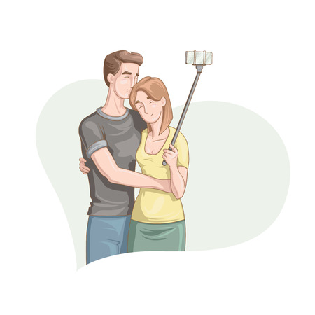 Happy Valentine's Day. Vector illustration of cartoon style beautiful loving couple smiling and making selfie for your designのイラスト素材