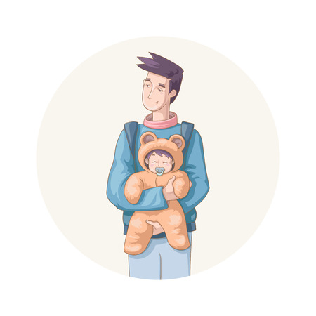 Happy Father's Day. Vector illustration of cartoon style young father walking outdoors with his newborn baby for your designのイラスト素材