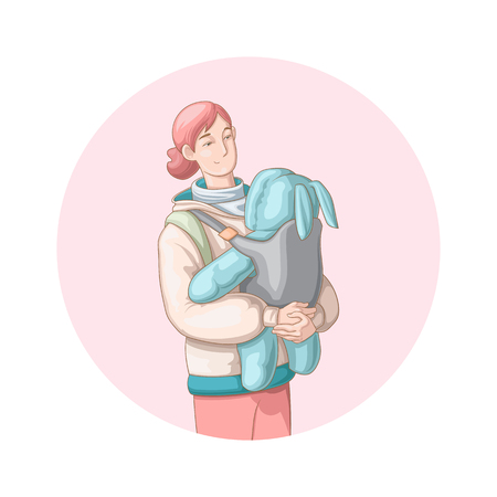 Happy Mother's Day. Vector illustration of cartoon style young mother walking outdoors with her newborn child in baby carrier for your designのイラスト素材