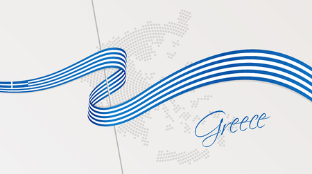 Vector illustration of abstract radial dotted halftone map of Greece and wavy ribbon with Greek national flag colors for your graphic and web designのイラスト素材