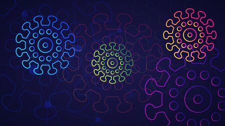 Coronavirus disease COVID-19 background. Vector illustration of glowing neon colored SARS-CoV-2 infection with connected lines and dots round pattern over blue backgroundのイラスト素材