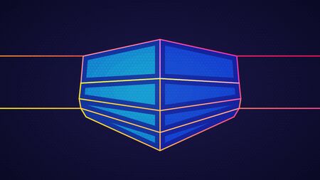 Respiratory protection background. Vector illustration of glowing neon colored medical face mask and hexagonal grid patternのイラスト素材